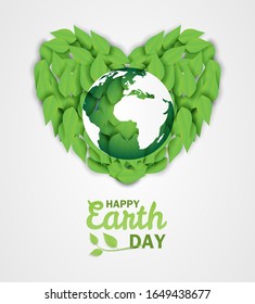 Happy earth day . Ecology concept. Design with leaves in the globe map on white background. Vector.