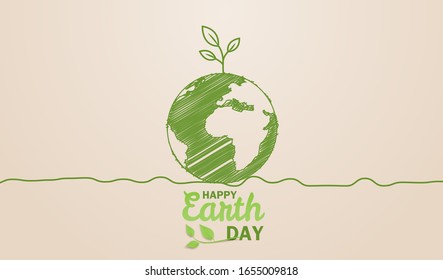 Happy earth day. Ecology concept. Design with globe map drawing and leaves on light brown background. vector. illustration.