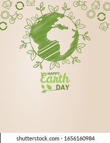 Happy earth day. Ecology concept. Design with globe map drawing and leaves on light brown background. vector. illustration.