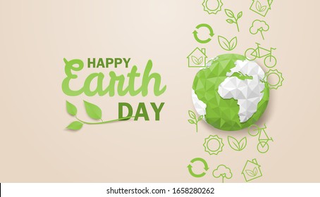Happy earth day. Ecology concept. Design with globe map drawing and leaves on light brown background. vector. illustration. - Shutterstock ID 1658280262