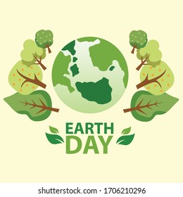 Happy earth day. Ecology concept. Design with globe map drawing and leaves on light brown background. vector illustration.