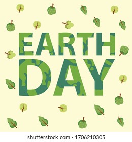 Happy earth day. Ecology concept. Design with globe map drawing and leaves on light brown background. vector illustration.