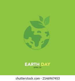 Happy Earth Day. Ecology Concept. Design With Globe Map Drawing And Leaves On Green Background. Vector. Illustration.