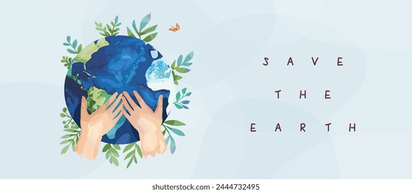 Happy earth day. Environment protection. Save the earth. Vector illustration on the theme of ecology, climate change and global warming. Drawing of hands holding earth for poster or banner