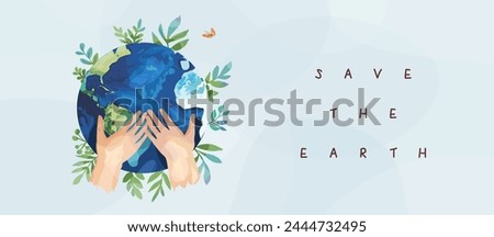 Happy earth day. Environment protection. Save the earth. Vector illustration on the theme of ecology, climate change and global warming. Drawing of hands holding earth for poster or banner