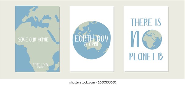 Happy Earth Day, environment safety celebration. Vector set of 3 ready-to-use card. Perfect for print, social poster, ecology postcard, flyer