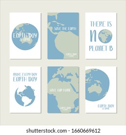 Happy Earth Day, environment safety celebration. Vector set of 6 ready-to-use card. Perfect for print, social poster, ecology postcard