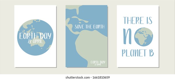 Happy Earth Day, environment safety celebration. Vector set of 3 ready-to-use card. Perfect for print, social poster, ecology postcard