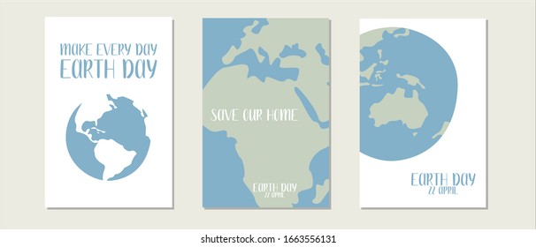 Happy Earth Day, environment safety celebration. Vector set of 3 ready-to-use card. Perfect for print, social poster, ecology postcard