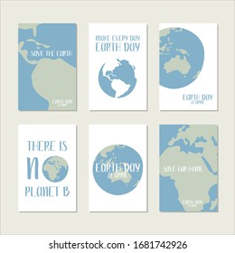 Happy Earth Day, environment safety celebration. Vector set of 6 ready-to-use card. Perfect for print, social poster, ecology postcard, flyer