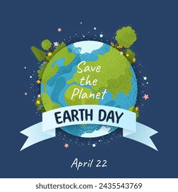 Happy Earth Day. Environmental protection. Poster in cartoon style with planet Earth, trees, flowers and slogan. Caring for Nature. Vector illustration for banner, social media post, celebration card.