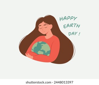 Happy Earth day. Female character holding globe like a baby. Hugging earth. Save the environment. Climate change. Modern vector illustration cartoon flat style