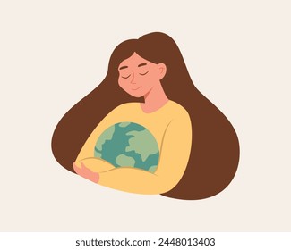Happy Earth day. Female character holding globe like a baby. Hugging earth. Save the environment. Climate change. Modern vector illustration cartoon flat style