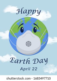 Happy Earth Day flyer design with planet Earth in medical face mask. Template for poster, banner, etc. Vector illustration.