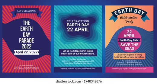Happy Earth Day flyer design template set, Earth day vector poster design set. Celebrate Earth day poster card design set.