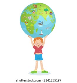 Happy Earth day! Funny boy holds the planet in his hands. In cartoon style. Isolated on white background. Vector flat illustration