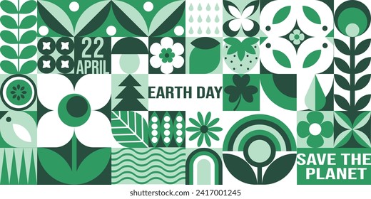 Happy Earth Day geometric seamless pattern in green palette. April 22. Holiday concept. Mosaic vector background, banner, poster with plants, flowers, birds and simple forms. Neo geo art. Swiss style