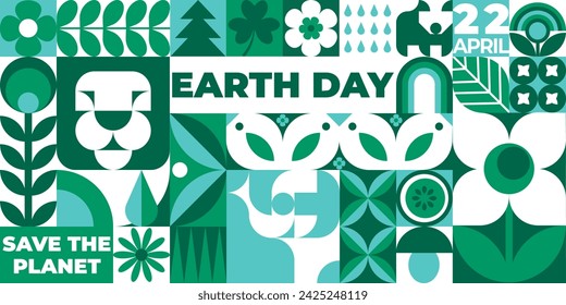 Happy Earth day geometric seamless pattern in green and blue colors. April 22. Mosaic vector background, banner, poster with plants, flowers, animals and simple forms. Neo geo art. Swiss style.