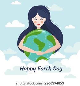 Happy Earth Day. A girl embracing the planet Earth. Postcard. Flat style. 