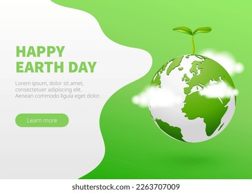 Feliz Día de la Tierra con el globo en nubes con plantas sobre fondo verde. Diseño de vector Happy Earth Day para tarjeta de saludo y afiche de diseño de banners. Plantilla de diseño ecológico. Ilustración vectorial.