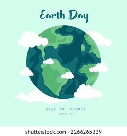 Happy earth day. Earth, globe dark green. Ecology and environmental protection. Can be used as a postcard or for printing. Vector illustration in flat cartoon style.