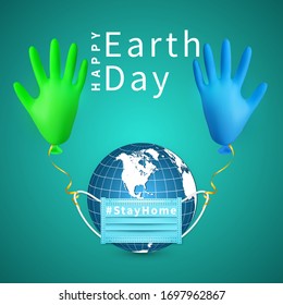 Happy Earth Day. Earth globe in medical face mask and shine helium balloon made from medical latex glove. Vector illustration.