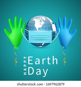 Happy Earth Day. Earth globe in medical face mask and shine helium balloon made from medical latex glove. Vector illustration.