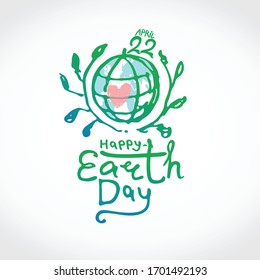 Happy Earth Day. Green handwritten logo. April 22. Vector hand drawn template painted globe with heart, green branches and an inscription.