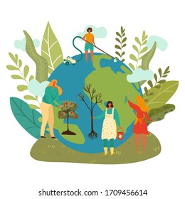 Happy earth day, green planet enviroment, people planting trees, cleaning globe ecology flat isolated vector illustration. Blue earth protection and ecological concept, eco bio life on continents.