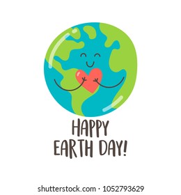 Happy Earth Day Greeting Card With Cute Cartoon Earth. Vector Illustration. 