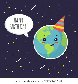 Happy Earth Day greeting card with cute cartoon Earth with birthday cup. Vector illustration