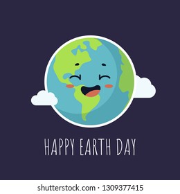 Happy Earth Day greeting card with cute cartoon Earth with kawaii face and white clouds around. Vector illustration clip art