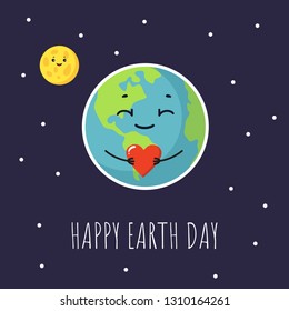 Happy Earth Day greeting card with cute cartoon Earth with kawaii face holding red heart and smiling yellow moon. Vector illustration clip art