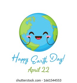 Happy Earth day greeting card. Cute planet with funny face vector illustration. 22 April holiday