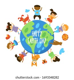 Happy Earth day greeting card with cute children characters. Childish print for cards and stickers. Vector illustration