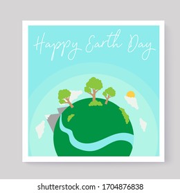 "Happy earth day" greeting card for social media post. Earth globe with clouds and tree on blue radial background,  illustration.