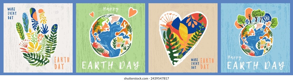 Happy Earth Day greeting card, cover or web banner set. Trendy and cute hand drawn Eco posters on the theme of caring for nature and planet Earth. Make every day Earth day. Art style design template