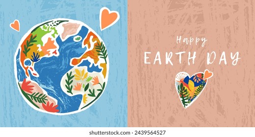 Feliz Día de la Tierra tarjeta de felicitación, portada, banner web. Póster de moda y lindo dibujado a mano Eco sobre el tema del cuidado de la naturaleza y el planeta Tierra. Haz que cada día sea el día de la Tierra. Plantilla de diseño de estilo de arte