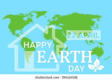 Happy Earth Day greeting card. Vector illustration with the house, planet and green tree.