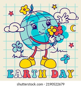 Happy Earth Day groovy greeting concept with funny cartoon Earth holding flowers. Vector illustration.