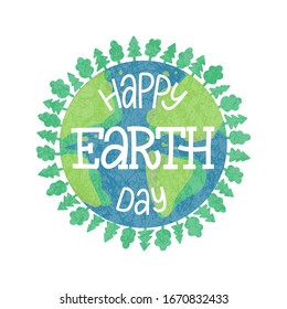 Happy earth day hand drawn lettering on green earth background with trees as a wreath. Save the planet, earth day vector concept. Earth day illustration concept.