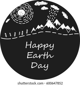 Happy Earth Day.  Hand drawn vector illustration. Mountains, sun, forest. Black and white. 