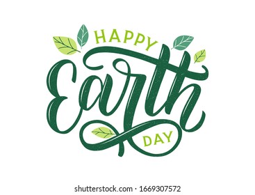 Happy Earth Day hand lettering logo decorated by leaves. Earth Day 2020 typography logo. Earth Day enviromental and eco activism vector concept EPS 10