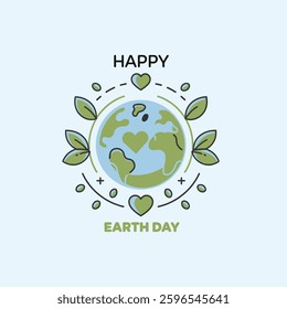 Happy Earth Day hand lettering card on blurred background. Vector illustration with leaves for banner, poster, celebration on April 22 on blue color.
