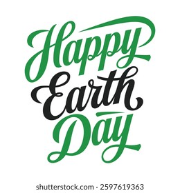 Happy Earth Day hand lettering logo decorated by leaves.