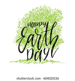 Happy Earth Day hand lettering background. Vector illustration with tree silhouette for greeting card, poster etc.