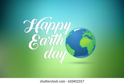 Happy Earth Day hand lettering card with planet earth, on green blue background. Vector illustration with smooth lines for banner, poster.