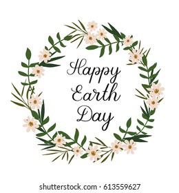 Happy Earth Day hand lettering Inscription. Floral wreath greeting card. Brush calligraphy. Vector Illustration. Earth day poster