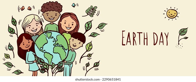 Happy Earth Day - Hand-drawn banner with multi-ethnic kids promoting Earth Day fighting for ecology. Colored Vector illustration showing diverse boys and kids holding the earth in their hands. 