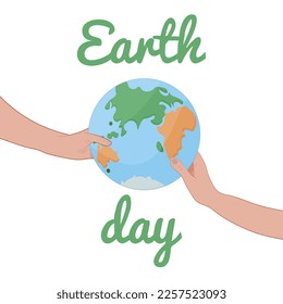 Happy Earth Day. Hands hold the globe, the earth. Illustration in cartoon flat style